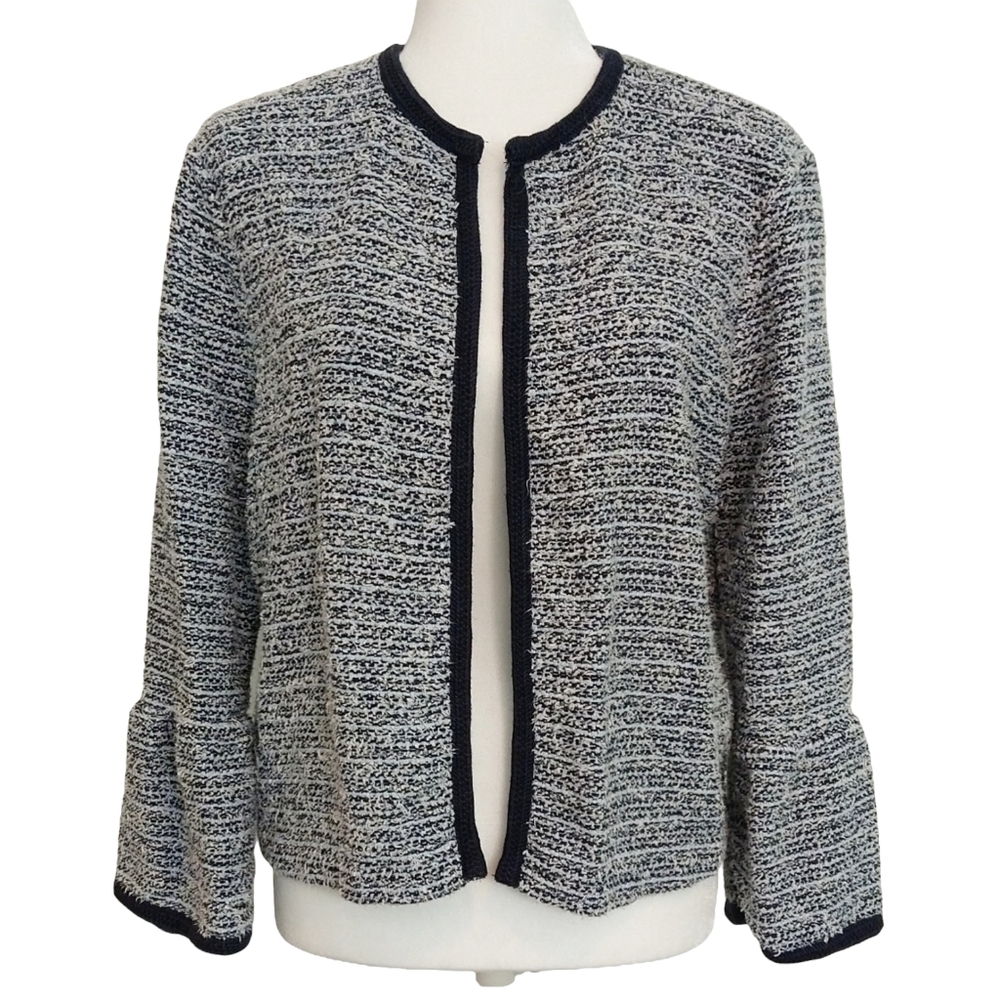 LOFT Tweed Blue White Open Front Bell Sleeve Jacket Contrast Trim Boho